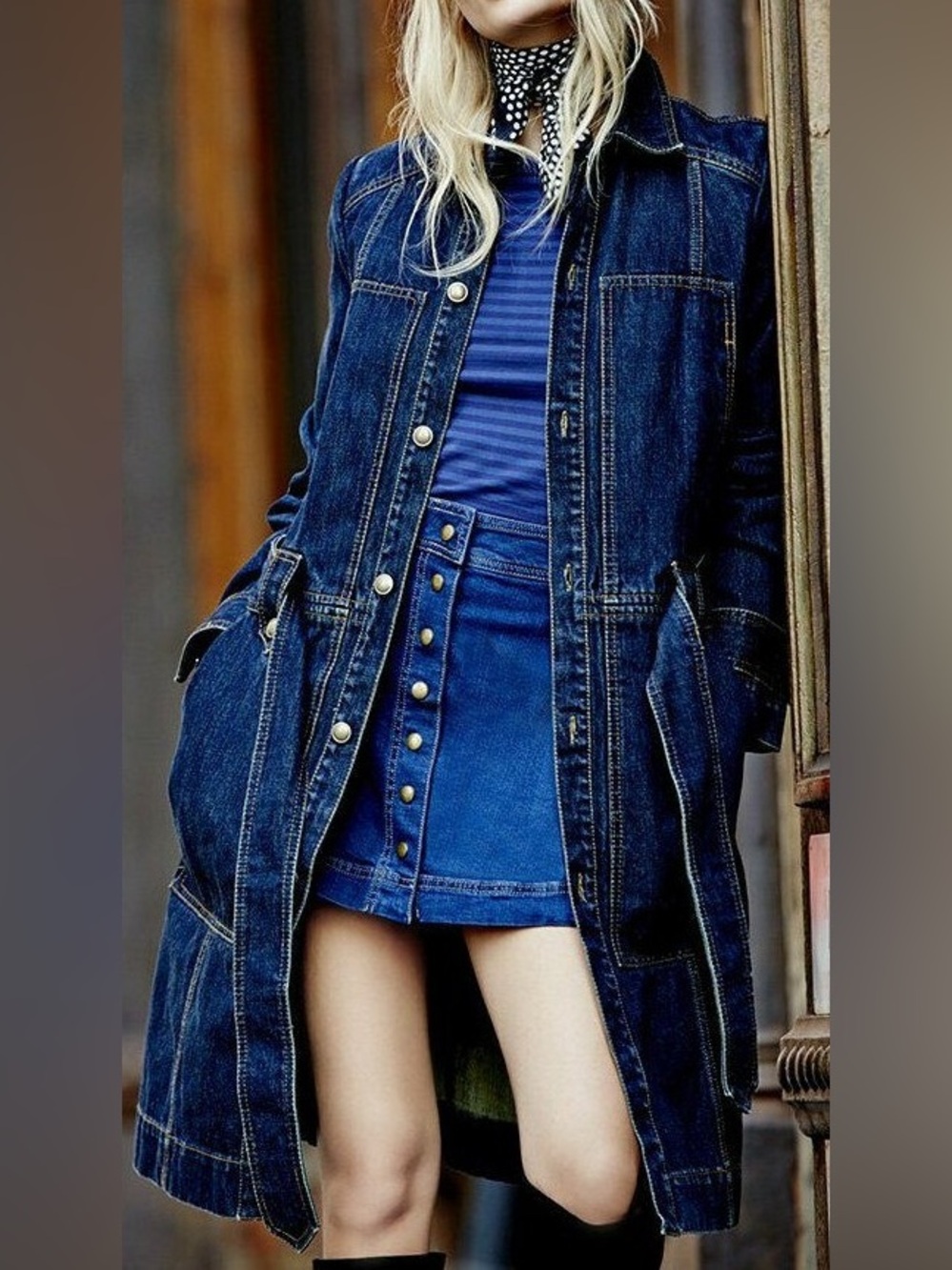 Free People Dark Blue Denim Trench Coat